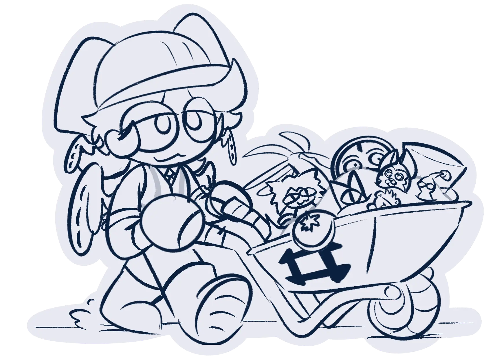 A WEBP of a drawing ofValor (one of my OCs) dressed as a construction worker, carrying a wheelbarrow filled with references to my interests with a triangluar warning sign on their left with the words 'SCUFF' under an exclamation mark.