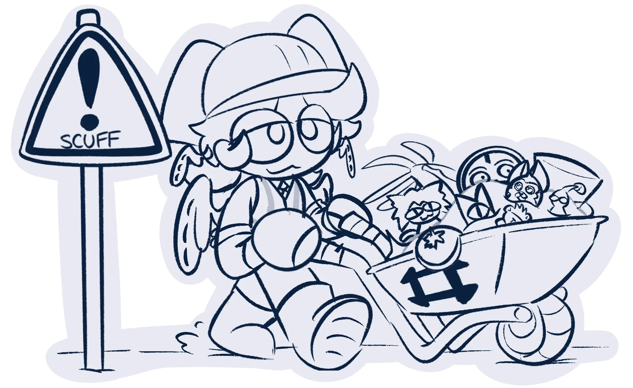 A WEBP of a drawing ofValor (one of my OCs) dressed as a construction worker, carrying a wheelbarrow filled with references to my interests with a triangluar warning sign on their left with the words 'SCUFF' under an exclamation mark.